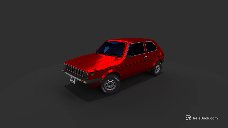 Vintage Red Small Hatchback Car With Black Windows And Wheels 3d model