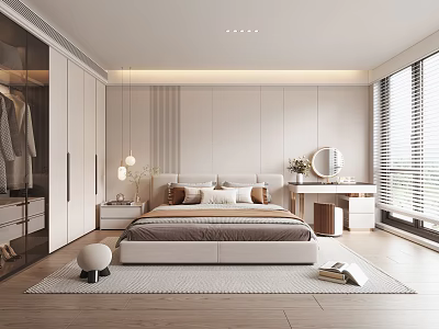 Modern Bedroom Interior Design With Glass Door Wardrobe Pendant Lights Large Bed And Wooden Floor 3d model