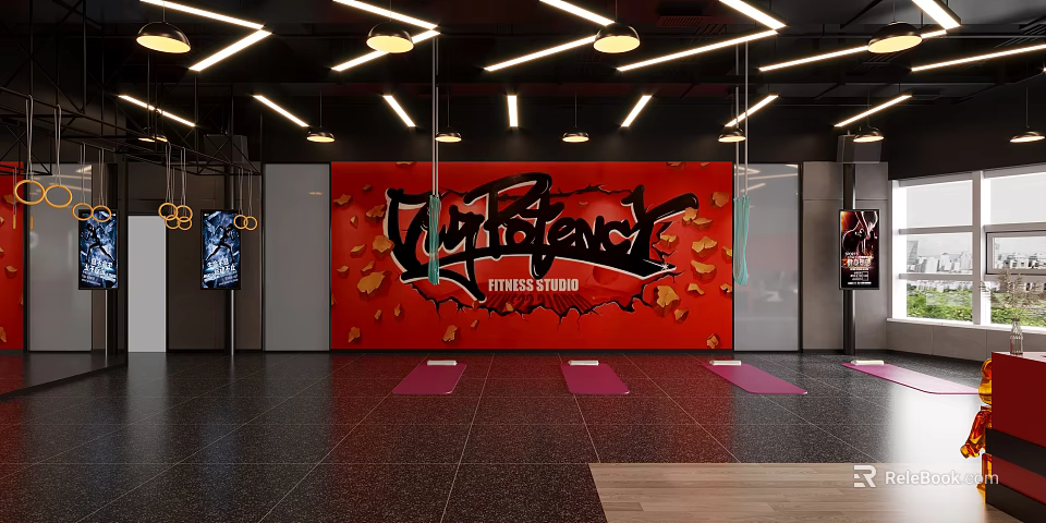 Fitness Studio Interior With Gym Freak Graffiti On Red Wall And Yoga Mats 3d model 
