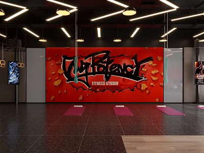 Fitness Studio Interior With Gym Freak Graffiti On Red Wall And Yoga Mats 3d model