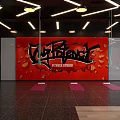 Fitness Studio Interior With Gym Freak Graffiti On Red Wall And Yoga Mats