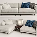 Modern Light Beige Sectional Sofa Set Featuring Blue and Patterned Pillows with Side Table Lamp 3d model