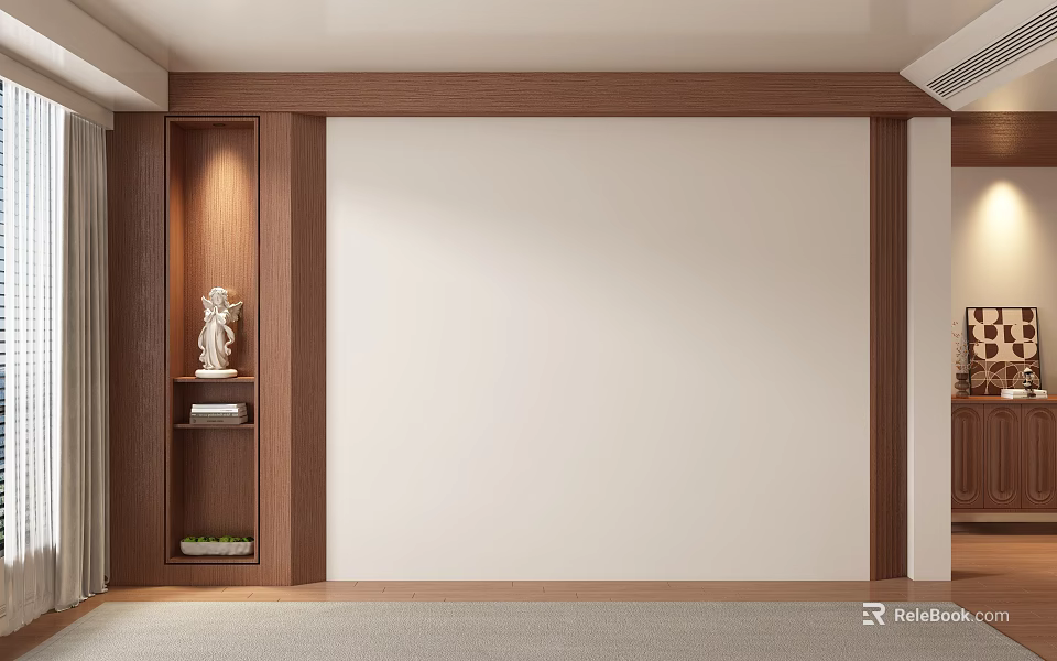 Modern Simple Style Sofa Background Wall with Wooden Decorative Shelf White Statue and Books 3d model 