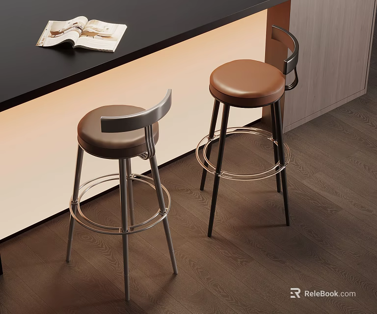 Modern Brown Upholstered Round Bar Stools With Backrest And Metal Footrest For Home Kitchen Counter 3d model 