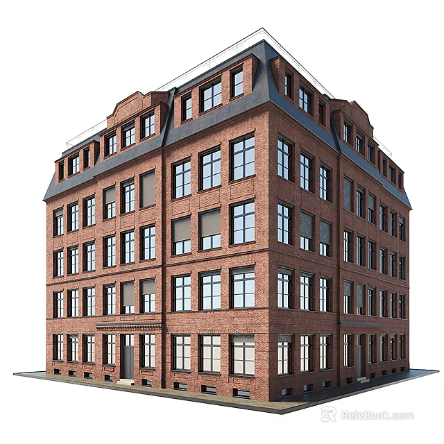 Red Brick Multi Story Residential Building With Large Windows And Classic Roof Design 3d model 