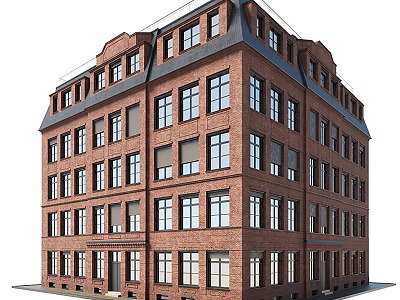 Red Brick Multi Story Residential Building With Large Windows And Classic Roof Design 3d model