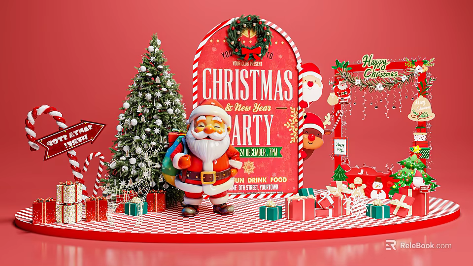 Christmas New Year Party Photo Spot with Santa Christmas Tree Wreath and Gifts 3d model 