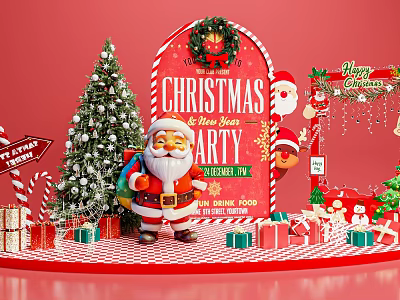 Christmas New Year Party Photo Spot with Santa Christmas Tree Wreath and Gifts 3d model