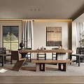 Modern Tea Room Interior With Wooden Long Table Black Chairs Gray Rug And Green View