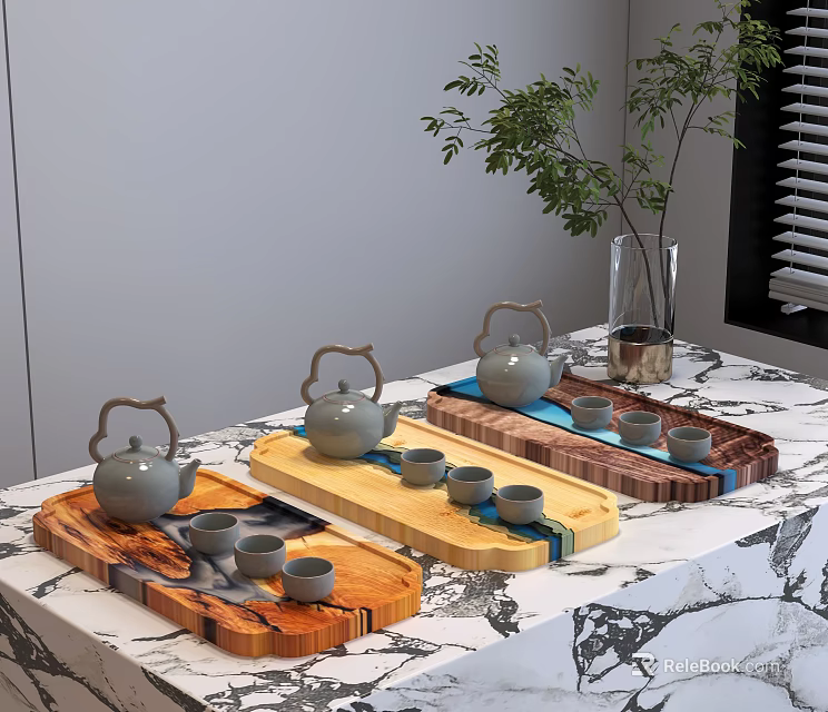 Stylish Wooden Tea Sets With Teapots Teacups And Colorful Trays On Tabletop 3d model 