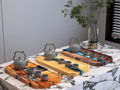 Stylish Wooden Tea Sets With Teapots Teacups And Colorful Trays On Tabletop 3d model