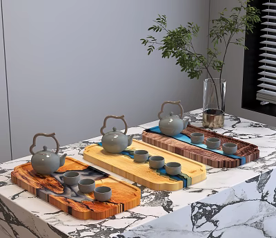Stylish Wooden Tea Sets With Teapots Teacups And Colorful Trays On Tabletop 3d model
