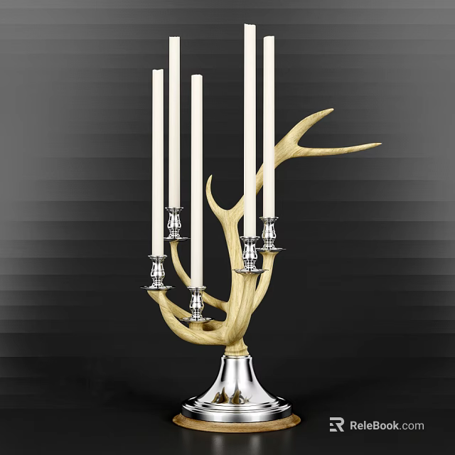 Decorative Antler Shaped Candelabra With Multiple White Candles And Silver Metal Base 3d model 