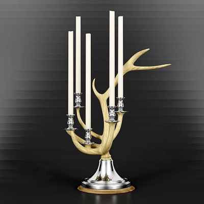 Decorative Antler Shaped Candelabra With Multiple White Candles And Silver Metal Base 3d model