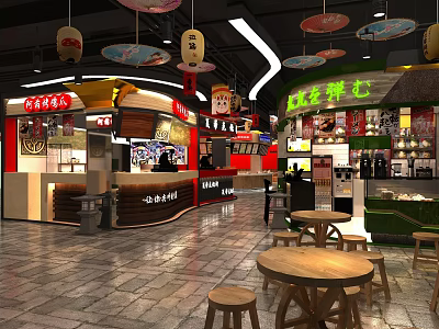 Vibrant Traditional Chinese Restaurant Interior With Colorful Lanterns Open Food Stalls Wooden Tables And Signboards 3d model