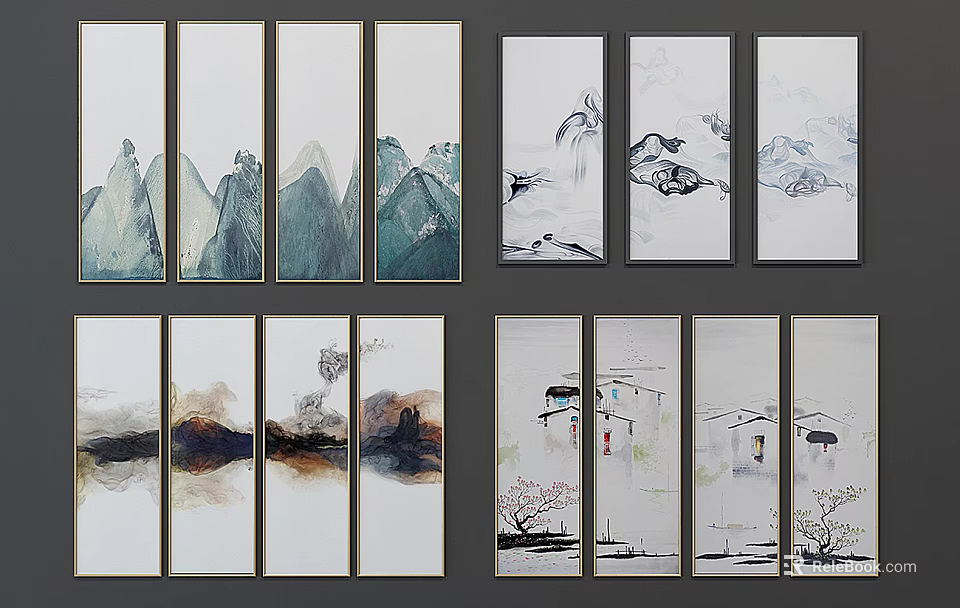 Chinese Ink Style Landscape Paintings With Mountains Water Houses And Trees In Vertical Panels 3d model 