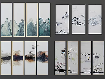 Chinese Ink Style Landscape Paintings With Mountains Water Houses And Trees In Vertical Panels 3d model