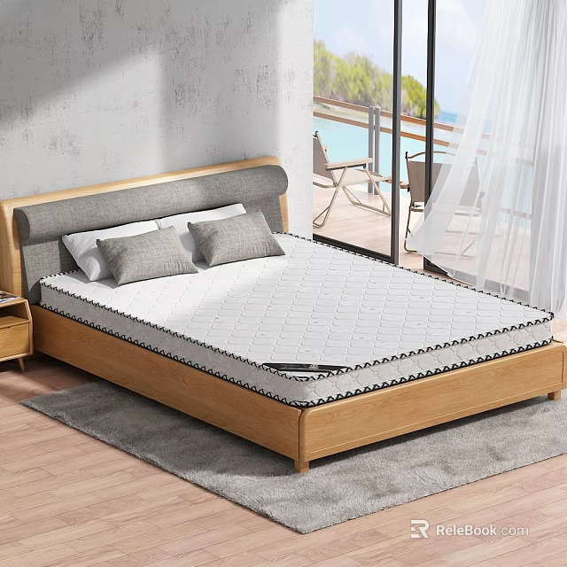 Elegant Bedroom Interior With Wooden Bed Frame Gray Headboard White Mattress And Pillows 3d model 
