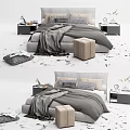 Modern Double Bed with Gray Bedding Soft Blankets Pillows and Bedside Tables 3d model