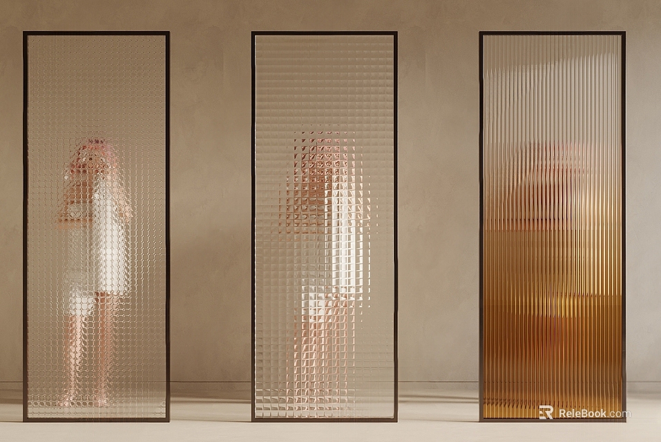 Modern Glass Room Dividers Featuring Vertical Stripes And Amber Hue On Light Colored Walls 3d model 