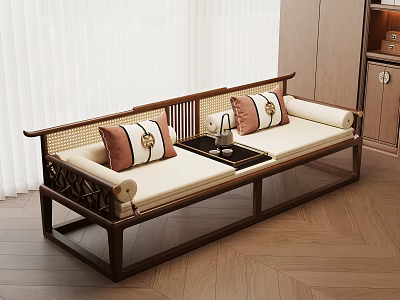 Elegant Chinese Luohan Bed With Wooden Frame Beige Cushions And Brown Pillows 3d model