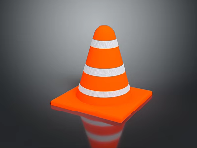Orange Traffic Cone With White Stripes On Black Reflective Background 3d model