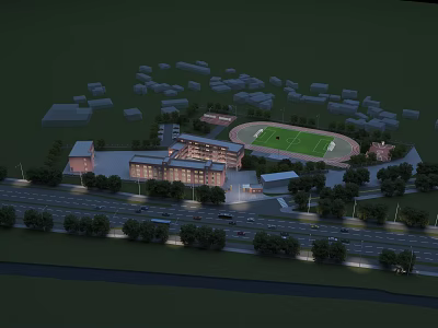 Modern School Building With Running Track Football Field Green Trees And Surrounding Roads 3d model