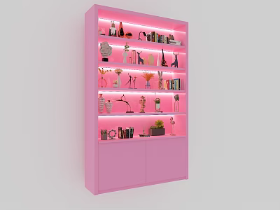 Pink Modern Decorative Cabinet With LED Lighting Shelves And Ornaments Vases Sculptures 3d model