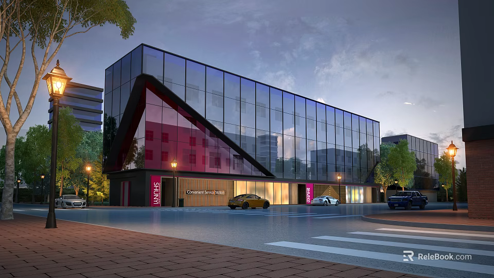 Modern Glass Building Exterior With Sloped Design Trees Street Lamps Vehicles And Brick Pavement 3d model 