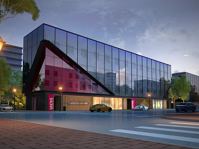 Modern Glass Building Exterior With Sloped Design Trees Street Lamps Vehicles And Brick Pavement 3d model