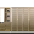 Light Wood Tone Wardrobe with Louvered Doors and Combination Cabinet Including Bookshelves and Drawers
