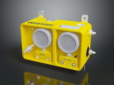 Yellow Industrial Device Featuring Two Gauges And Output Labels On Front Panel 3d model