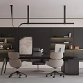 Modern Office Interior With Desk Chairs Red Sofa Large Windows And TV Screen