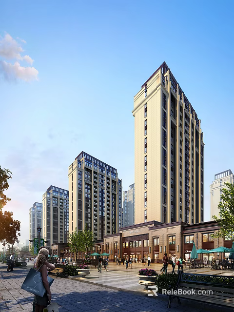Modern Commercial Street With High Rise Buildings And Retail Stores 3d model 