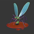 Mosquito Character With Blue Wings Green Body Red Eyes On Red Platform And Liquid Drops