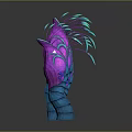 Four purple abstract plants with blue textured bases on dark surface