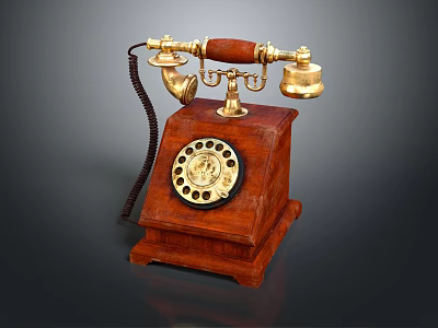 Vintage Rotary Dial Telephone With Wooden Base And Gold Accents Design 3d model