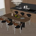 Modern Dining Table Set With Wooden Top And Six Black Leather Chairs