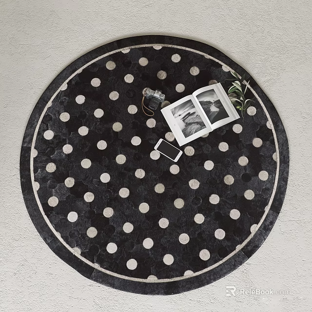 Round Black White Polka Dot Rug With Open Photo Album Smartphone And Small Plant 3d model 