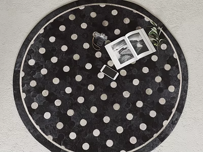 Round Black White Polka Dot Rug With Open Photo Album Smartphone And Small Plant 3d model