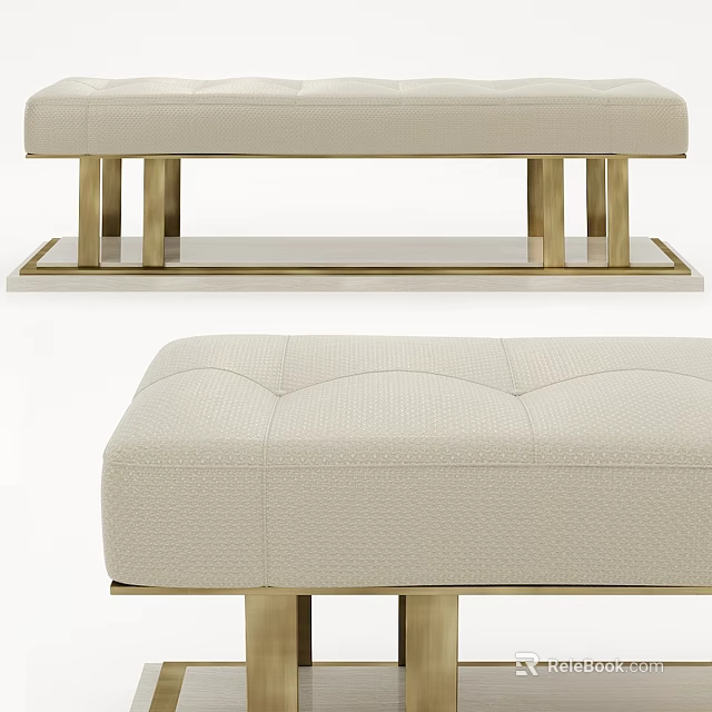 Beige Fabric Upholstered Sofa Bench With Gold Metal Legs And Tufted Design 3d model 