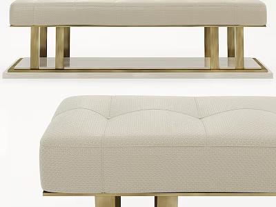 Beige Fabric Upholstered Sofa Bench With Gold Metal Legs And Tufted Design 3d model