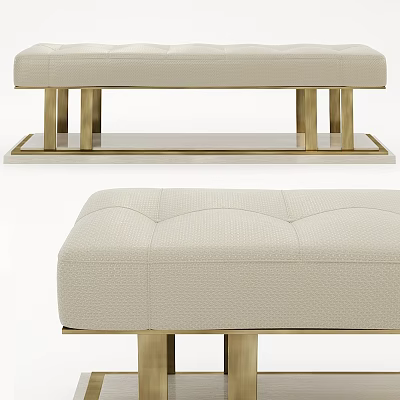 Beige Fabric Upholstered Sofa Bench With Gold Metal Legs And Tufted Design 3d model