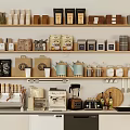 Organized Kitchen Shelves With Various Kitchenware Coffee Appliances Jars And Utensils 3d model