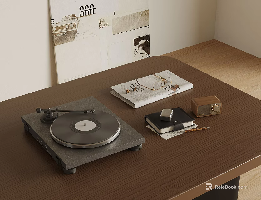 Vintage Turntable on Brown Wooden Table with Books Notebook and Small Box 3d model 