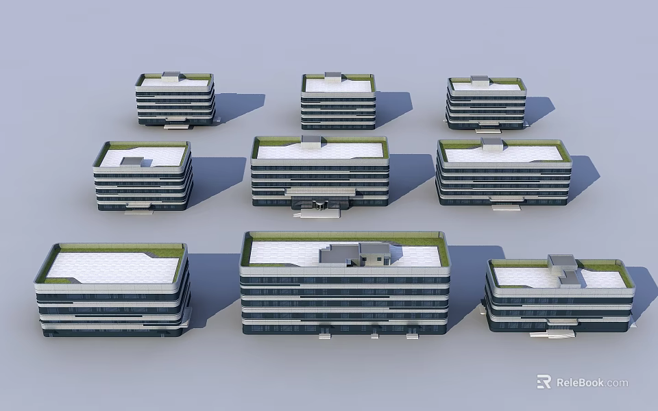 Modern Office Buildings Featuring Various Designs Green Roof Areas And Multi Storey Sleek Exterior 3d model 