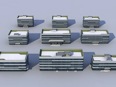 Modern Office Buildings Featuring Various Designs Green Roof Areas And Multi Storey Sleek Exterior 3d model