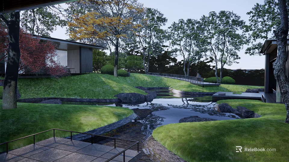 Serene Garden Landscape with Lush Green Grass Colorful Trees Small Pond and Stone Pathway 3d model 