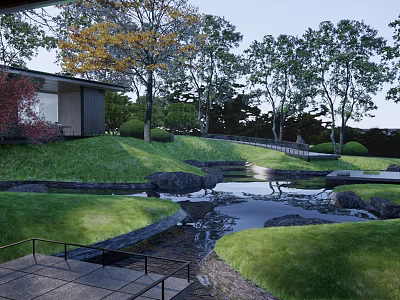 Serene Garden Landscape with Lush Green Grass Colorful Trees Small Pond and Stone Pathway 3d model
