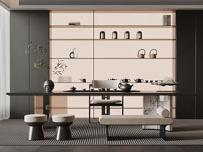 Elegant Tea Room Interior With Wooden Table Tea Sets Stools And Decorative Plants 3d model